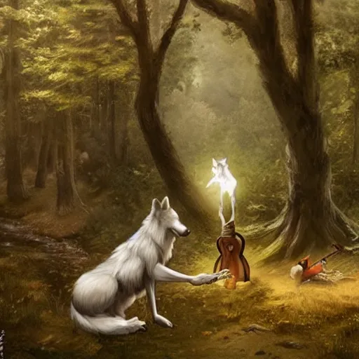 Prompt: an anthropomorphic wolf in a forest by the river, playing lute, by stanley lau and greg rutkowski