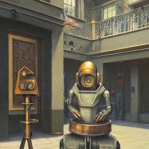 Prompt: detailed face of an intelligent scholarly robot with kind eyes in a architectonic victorian courtyard at a science expo, atmospheric, ambient, pj crook, syd mead, livia prima, artgerm, greg rutkowski, nick alm, casey baugh