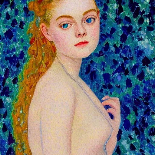 Prompt: professional painting of Elle Fanning in the style of Henri-Edmond Cross, head and shoulders portrait, symmetrical facial features, smooth, sharp focus, illustration, intricate, stormy weather, extremely detailed masterpiece,