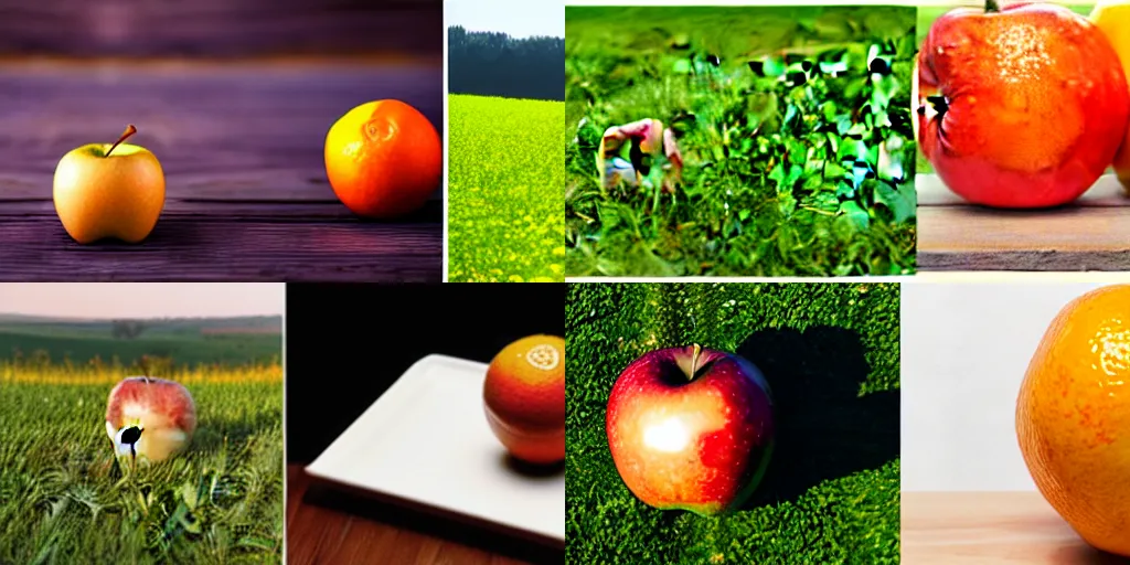 Prompt: Two images. On the left, an apple upon a wood table. On the right, an orange in a grass field.