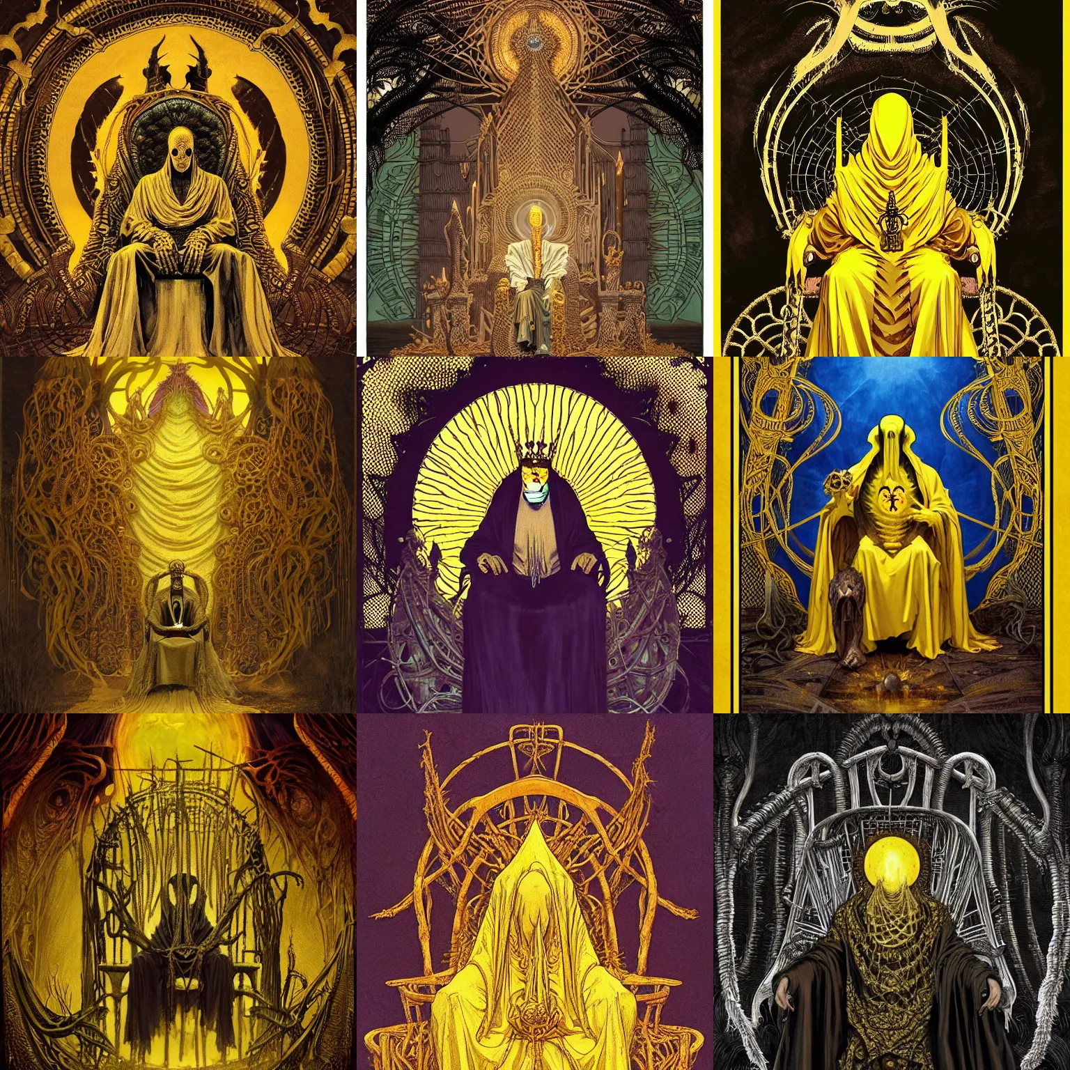 Prompt: The king in yellow sits on a throne in Carcosa, Lovecraft horror illustration, very detailed, digital art, trending on artstation, concept art, smooth, illustration, art by artgerm and greg rutkowski and alphonse mucha and J. C. Leyendecker and Edmund Blair Leighton and Katsuhiro Otomo and Geof Darrow and Phil hale and Ashley wood and Ilya repin and Charlie Bowater