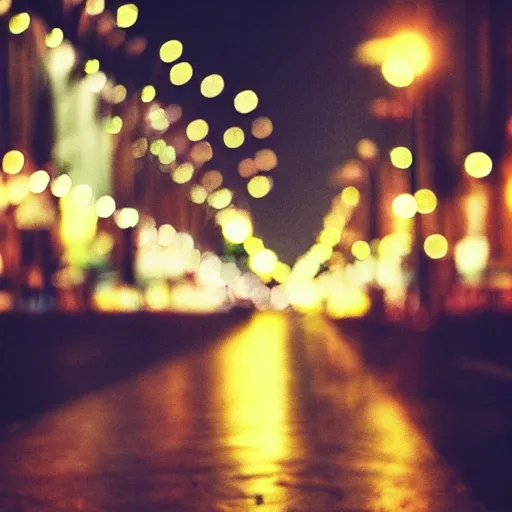 Prompt: beautiful city street at night, bokeh, trending on Artstation