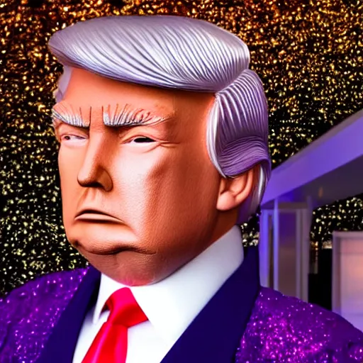 Image similar to Donald Trump with silver-violet hair, white eyes and golden glittery dress, wide lens, diorama, 4k,