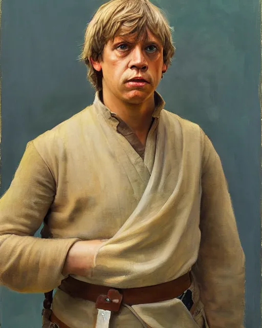 Prompt: painterly portrait, luke skywalker, impasto, fantasy, chuck close:7, carl spitzweg:7, cinematic light, full face, symmetrical face