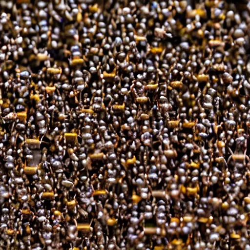 Prompt: a bridge between two desks made of ants, ant bridge, close up shot