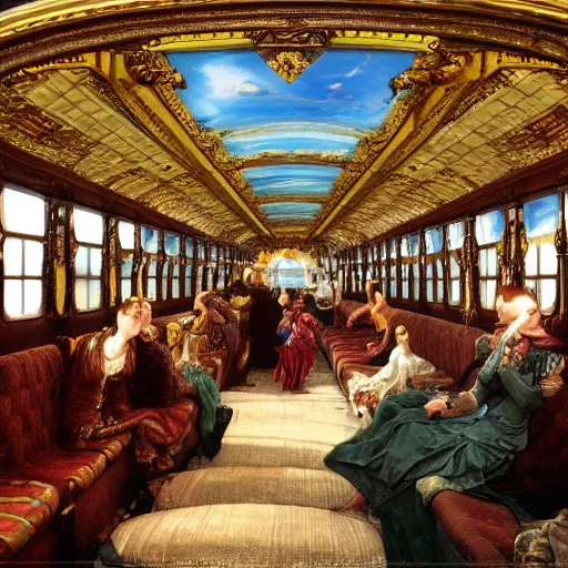 Prompt: clear detailed painting of the inside of the ornate underwater train to atlantis, various weird and wonderful characters sat down, by william powell frith and and frederic leighton, ultra wide angle, 4 k