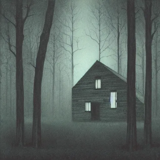 Image similar to a illustration of a eerie cabin in the middle of the woods in the style of beksinski