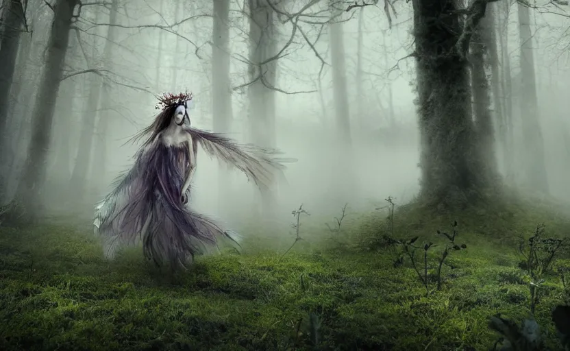 Prompt: a female transcendent spectral figure with leaves and feathers twisted in their hair is coming out of the fog with their pack of wolves and magic moss is growing on her clothes, a nature documentation photograph, wide angle, cgsociety, vray, octane render