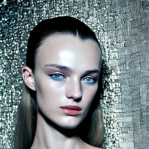 Image similar to A beautiful portrait of Daria Strokous as a model at Chanel fashion show as a model Spring/Summer 2010, highly detailed, in the style of cinematic, Milan fashion week backstage, Extreme close up, Makeup by Pat McGrath, Hair by Guido Palau