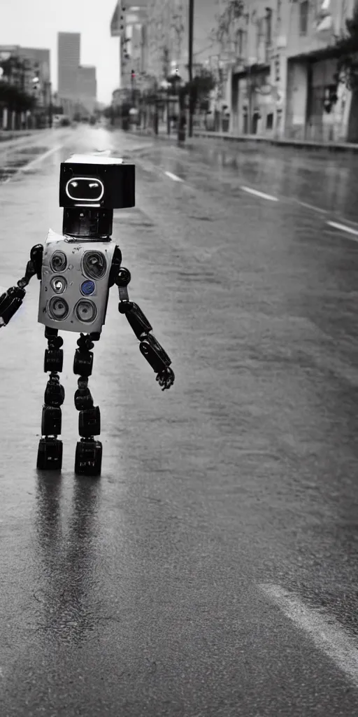 Image similar to robot on the road, city, photo, rain, rain, rain,