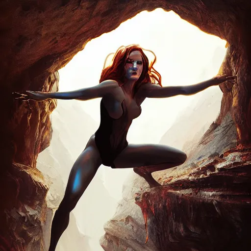 Image similar to of an anthopomorphic spider woman in a cave upside down, scary, beautiful landscape, dramatic lighting, cinematic, establishing shot, extremly high detail, photorealistic, cinematic lighting, post processed, concept art, artstation, matte painting, style by greg rutkowsky