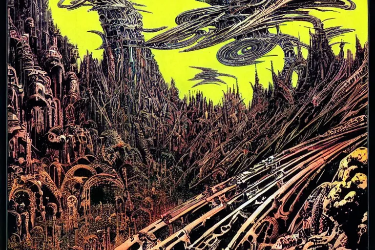 Prompt: landscape by Philippe Druillet