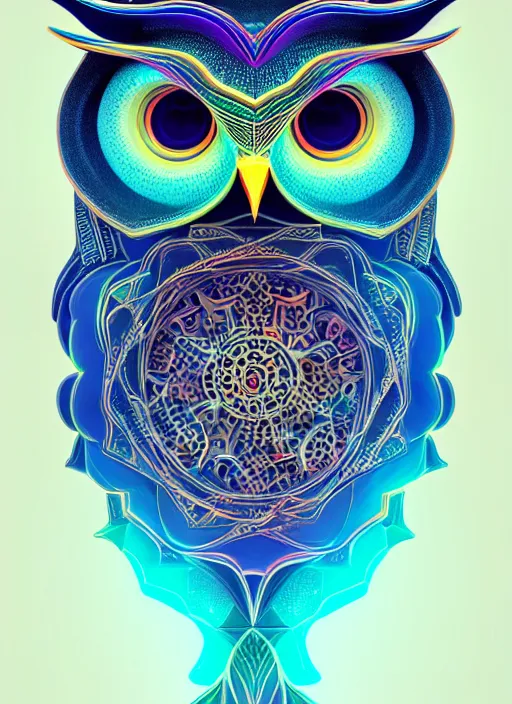 Image similar to symmetry!! product render poster vivid colors divine proportion owl, 神 圣, glowing fog intricate, elegant, highly detailed, digital painting, artstation, concept art, smooth, sharp focus, illustration,