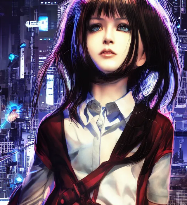 Image similar to hd 3 d rendered graphic novel video game portrait of a cute young schoolgirl complicated synaptic particles angelic deity demon future downtown in ishikawa ken miura kentaro gantz frank miller jim lee alex ross style detailed trending award winning on flickr artstation