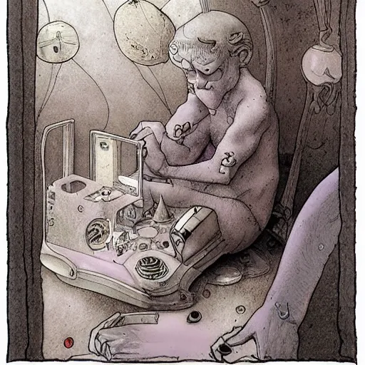 Prompt: A installation art. A rip in spacetime. Did this device in his hand open a portal to another dimension or reality?! warm violet by Chris Ware, by Brian Froud defined, realist