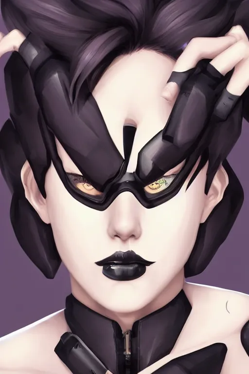 Image similar to “ digital illustration of tracer from overwatch in a dark goth style, wearing black lipstick and a black outfit, 4 k, artstation, detailed face, neutral expression ”