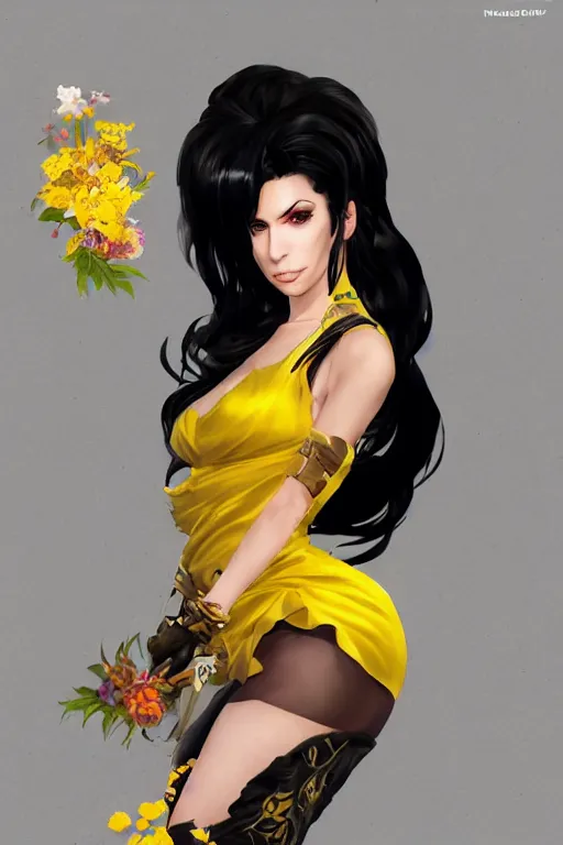 Image similar to Amy Winehouse in yellow dress in a blade and soul spinoff artbook rendered by the artist Taran Fiddler, Joe Madureira, Nadezhda Tikhomirova, Jiyun Chae, Lê Long, trending on Artstation by Hyung Tae Kim, artbook, Stanley Artgerm Lau, WLOP, Rossdraws , James Gurney