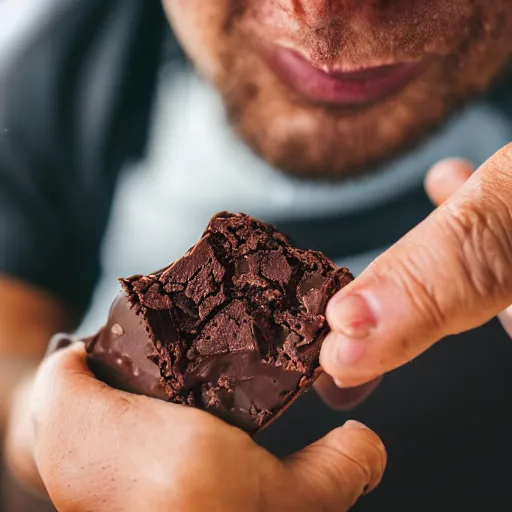 Image similar to a 5 0 mm macro shot of a man eating chocolate fudge brownies, gooey, depth of field, high resolution