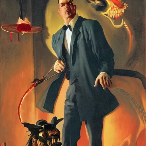 Image similar to A mafia man, behind him is a Chinese dragon emanating a red aura of danger, avant garde, 3d render by J.C. Leyendecker rhythmic