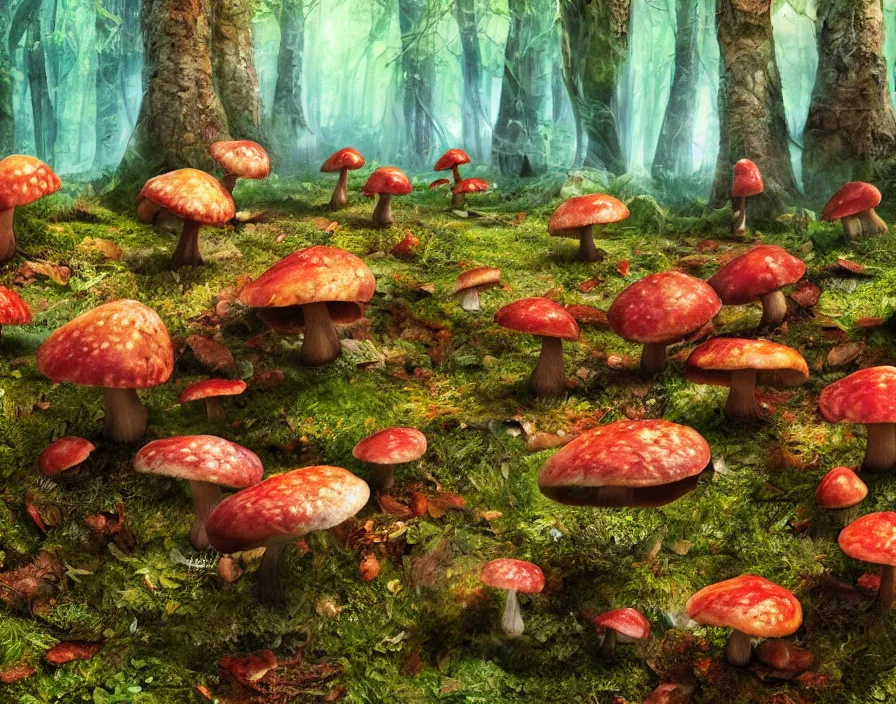 Image similar to trippy eldritch multicolor mushrooms in forest, realistic, beautiful texture, beautiful graphics, fantasy artwork, very beautiful scenery, hd, hdr, ue 5, ue 6, unreal engine 5, cinematic 4 k wallpaper, 8 k, ultra detailed