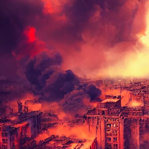 Image similar to destroyed city, dystopian, war, real, thick vivid blue smoke, red clouds, detailed, award winning, masterpiece