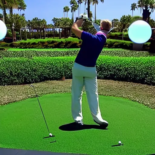 Image similar to a giant playing teeing up a shot in golf using the epcot ball in real life, highly detailed, extremely high resolution, ultra realistic