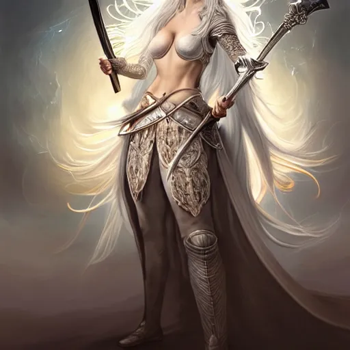 Image similar to full body painting of a woman with flowing luscious glowing white hair standing whilst holding a sword, wearing intricate plate - armor and leather underneath. intricate, elegant, highly detailed, digital painting, artstation, concept art, smooth, sharp focus, illustration, by terry wei, qiu fang, tooth wu, kan liu, siwoo kim, jisu choe