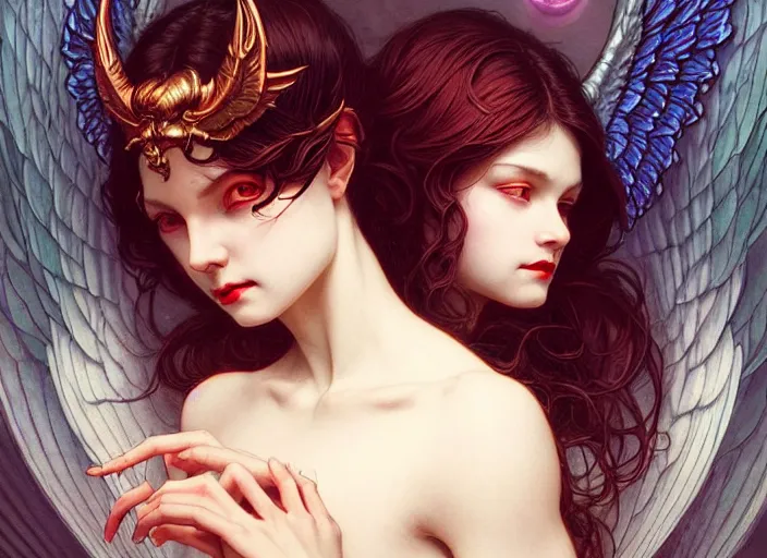 Image similar to portrait of demonic woman and angelic woman, confident pose, pixie, genshin impact, intricate, elegant, sharp focus, soft bokeh, illustration, highly detailed, concept art, matte, trending on artstation, bright colors, art by wlop and artgerm and greg rutkowski, mucha, giger, marvel comics
