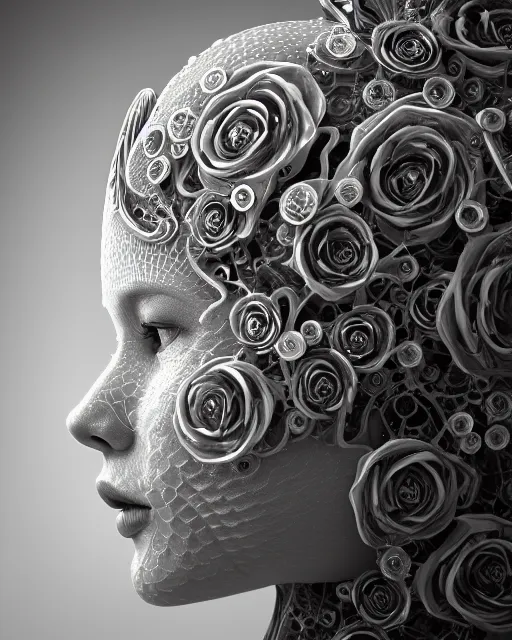 Image similar to mythical dreamy black and white organic bio-mechanical spinal ribbed profile face portrait detail of translucent steampunk beautiful female angelic-human-queen-vegetal-cyborg, highly detailed, intricate crystal ivy jelly ornate, poetic, translucent roses ornate, 3D render, digital art, octane render, 8K artistic photography, photo-realistic, by Dora Maar