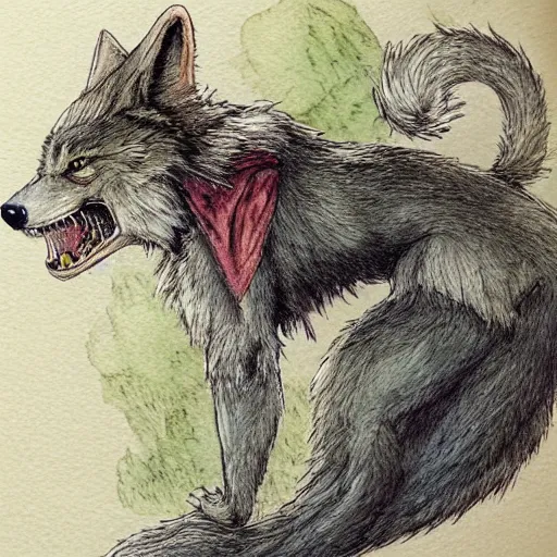 Prompt: werewolf royalty, traditional art, very fine detail and texture, in the style of beatrix potter, watercolor, colored pencil, ink, intricate details