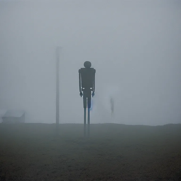 Prompt: a sole lanky liminal observer droid by dennis mejillones, in a brutalist yet rural landscape by simon stalenhag, 3 5 mm film photography, dawn, eerie fog