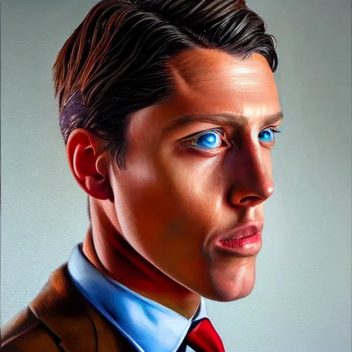 Image similar to a hyper realistic painting of a patient young man in a burning business suit, coherent symmetrical eyes, calm face, by jeffrey smith, by andrea kowch, by steve henderson, masterpiece, trending on artstation,