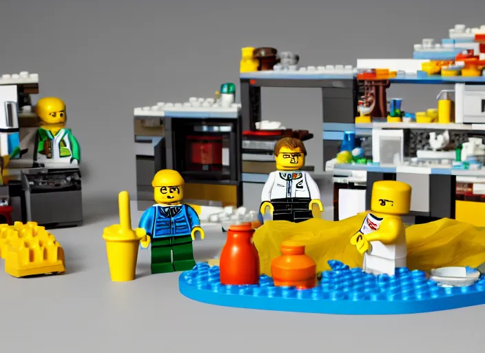 Image similar to product photo still of walter white breaking bad meth lab lego playset, 8 k, 1 2 0 mm macro, f 1. 8, studio lighting, key light