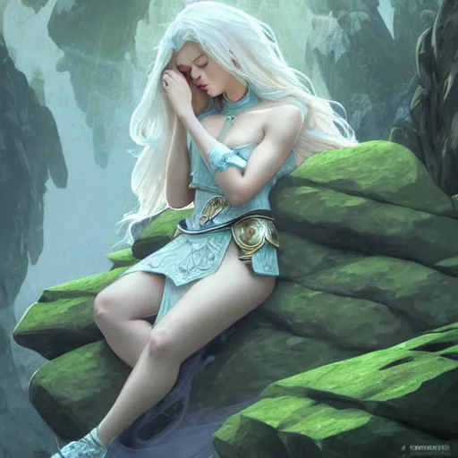 Image similar to knight, lying down on rock, white grey blue green color palette, eyes closed, forest, female, d & d, fantasy, intricate, elegant, highly detailed, long silver hair, digital painting, artstation, octane render, concept art, matte, sharp focus, illustration, hearthstone, art by artgerm, alphonse mucha johannes voss