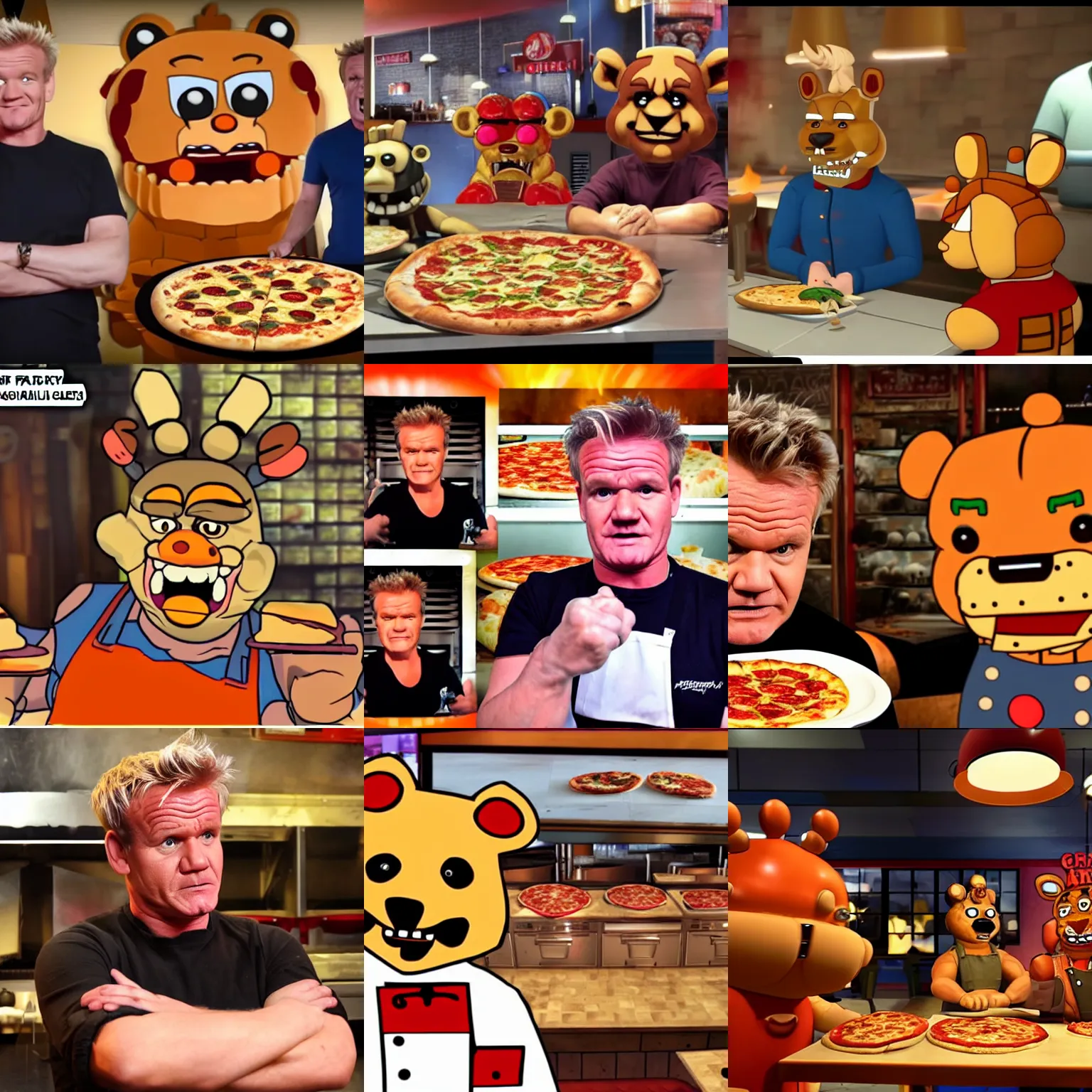 Prompt: Gordon Ramsey critiquing pizza at Freddy Fazbear\'s pizzeria, talking to Freddy Fazbear, Foxy, Chica, and Bonnie, real-life photograph, picture, realistic, animatronics, scary, angry, raw