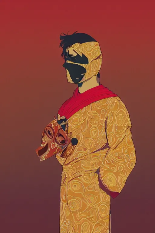 Image similar to portrait of a man with a mask on his face in the form of a spiral in a golden kimono, full face, against the background of a bright red moon, sad motif, by ilya kuvshinov, dramatic, soft colors, futuristic, 8 k