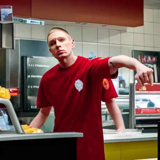 Prompt: hyperrealistic eminem as a Mcdonalds cashier behind the counter in front of a large zombie, award-winning, masterpiece, 4k