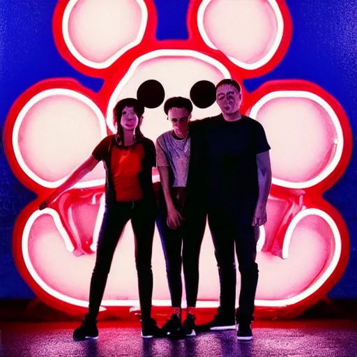 Image similar to a group of people standing around a giant bloody mickey mouse, cyberpunk art by david lachapelle, cgsociety, dystopian art by industrial light and magic, netflix neon logo concept art, neons, interior