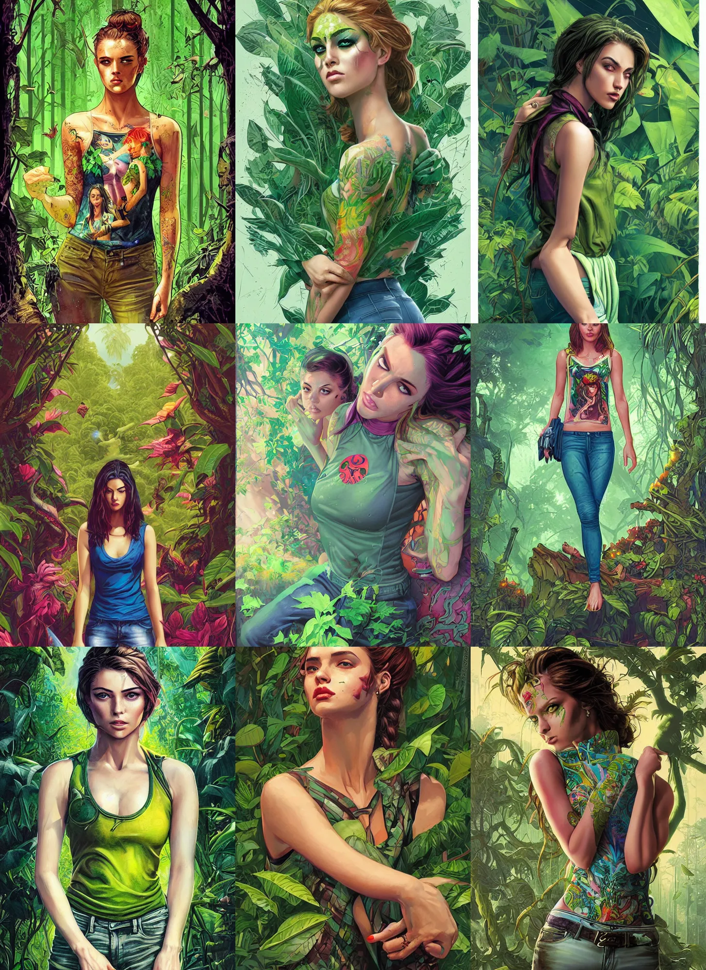 Prompt: a comic book style fantasy portrait painting of a beautiful girl wearing a tanktop and jeans in a bright serene lush green temple setting, art by Tristan Eaton, Stanley Artgerm, Tom Bagshaw, Greg Rutkowski, Carne Griffiths