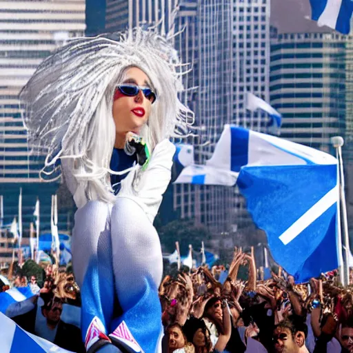 Image similar to Lady Gaga as President, Argentina presidential rally, Argentine flags behind, bokeh, epic photo, detailed face, Argentina