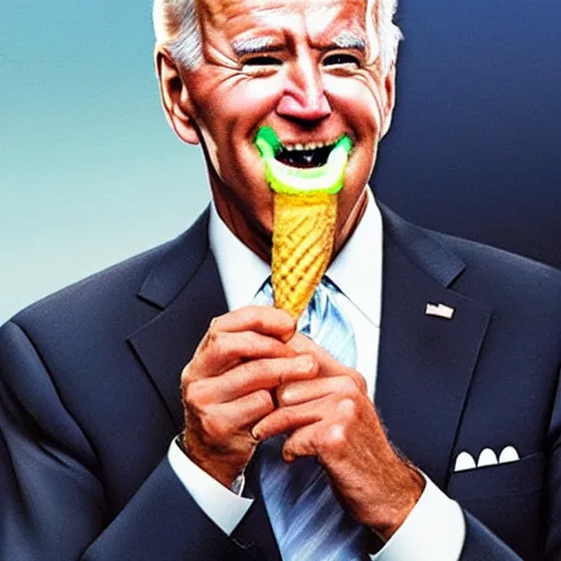 Prompt: joe biden devouring an ice cream cone with a disturbingly large mouth, potrait, award winning