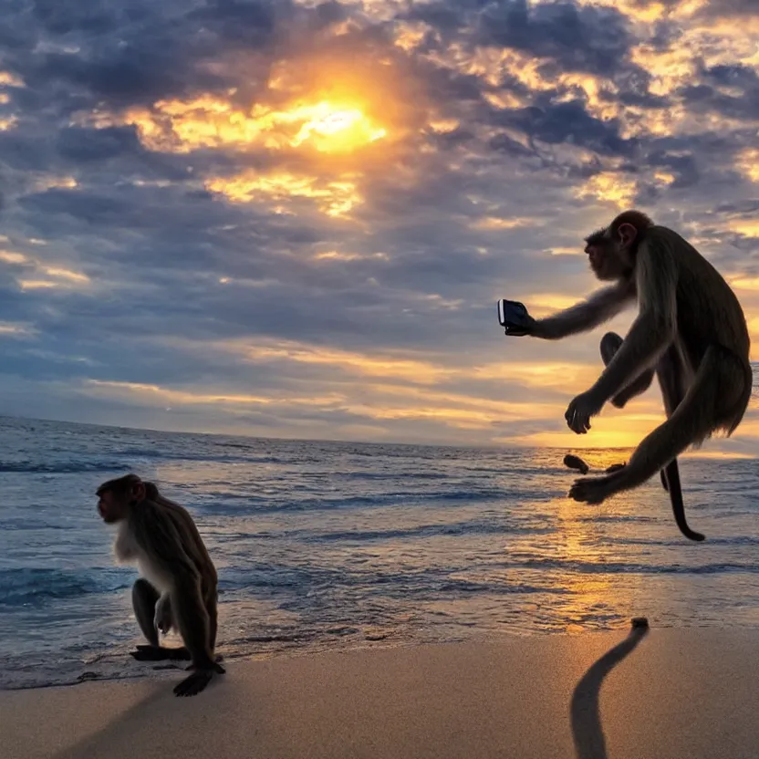 Prompt: a monkey with long hair taking a selfie in the beach while there is a sunset, cinematic, high quality, detailed, realistic