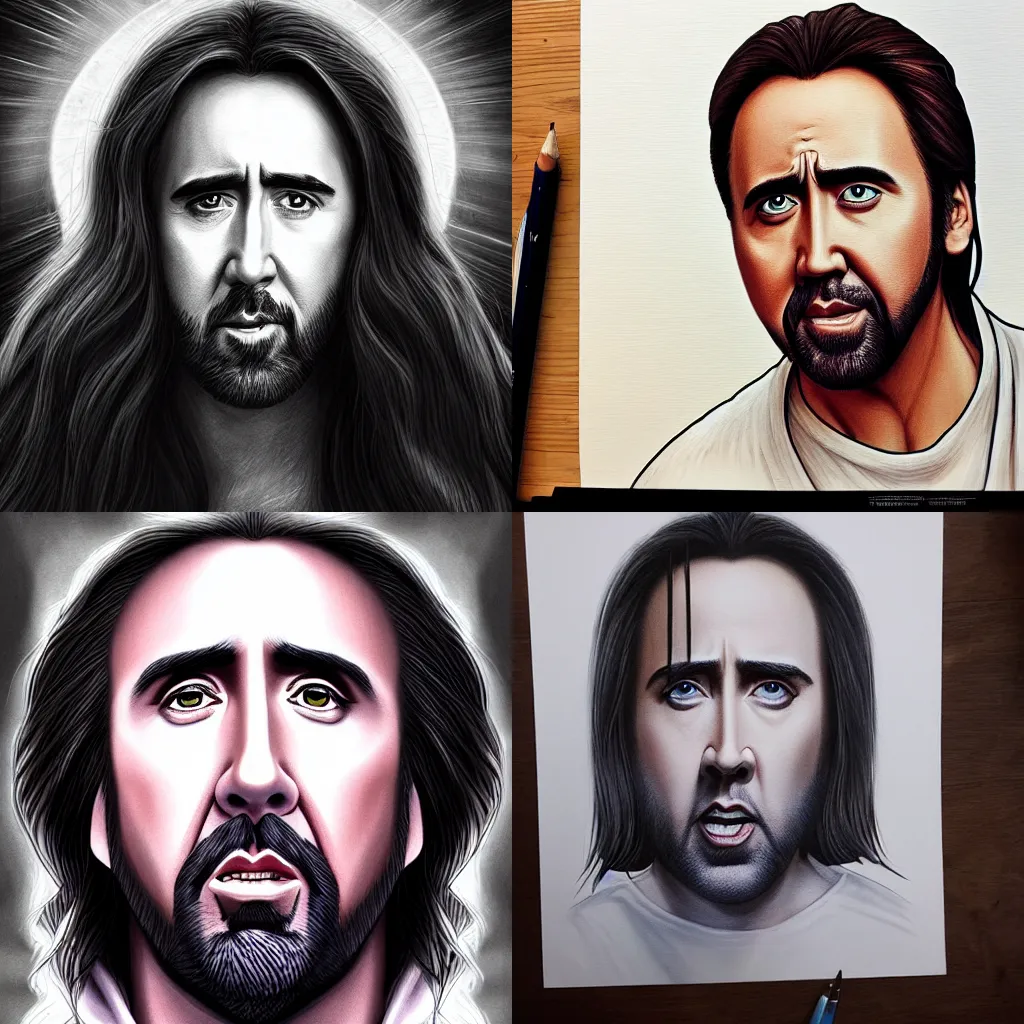 Prompt: Nicolas Cage as Jesus, illustration by Artgerm