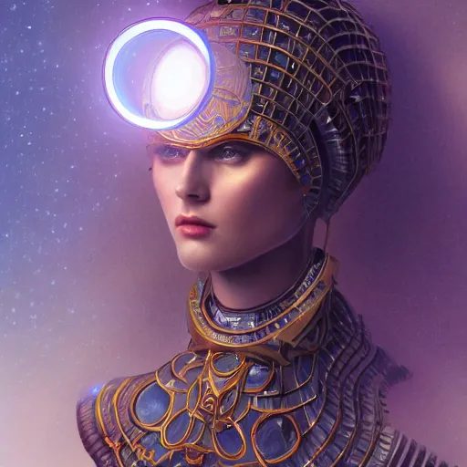 Image similar to ultradetailed ornate pre-raphaelite RPG illustration of beautiful symmetric robot radiating glowing aura, fully clothed with an art deco costume, digital airbrush painting, 3d rim light, hyperrealistic masterpiece, artstation, cgsociety, golden ratio