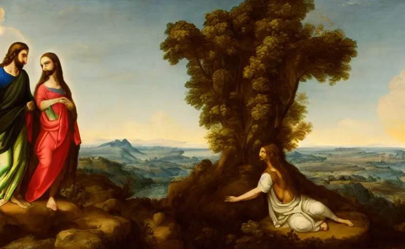 Prompt: jesus and mary magdalene standing on a cliff looking over a beautiful landscape, paradise, arcadia