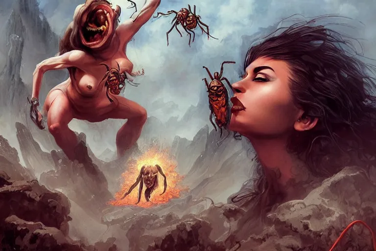 Image similar to An epic painting of a monster woman with giant spider legs and hair needles crawling out of a volcano, illustration, detailed, award-winning, trending on artstation, by Frank Frazetta, by Charlie Bowater, by Mark Brooks, by Richard Corben H-1024