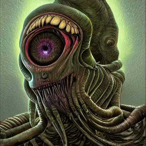 Image similar to detailed painting of mike wazowski that looks like a xenomorph, in the style of h r giger and wayne barlowe