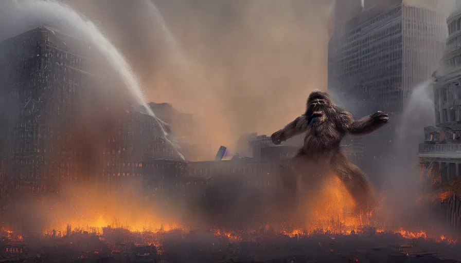 Prompt: giant bigfoot destroying washington dc, debris and fire, collapses building, burning white house, ashes, smoke columns, apocalypse, hyperdetailed, artstation, cgsociety, 8 k