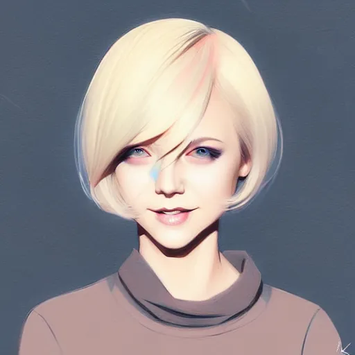 Prompt: urban girl fanart, blond bob haircut, muted colors, matte print, pastel colors, ornate, digital art, cute smile, digital painting, fan art, elegant, pixiv, by maciej kuciara