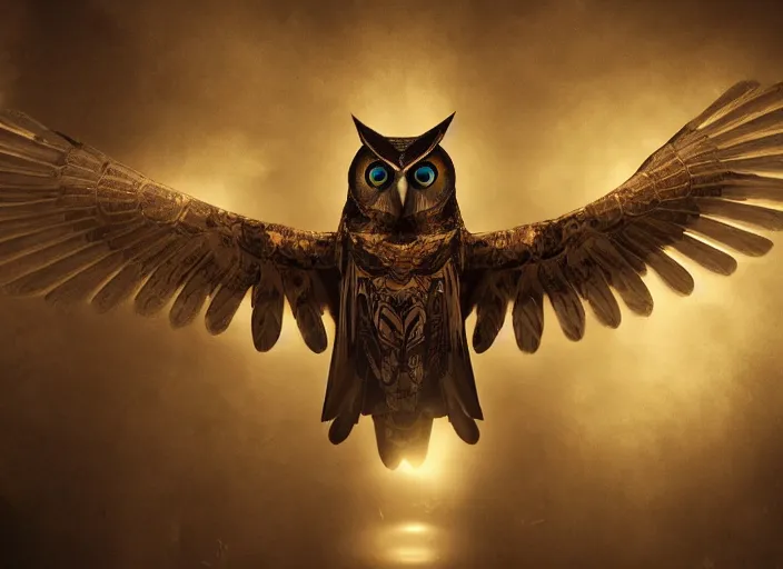 Image similar to a flying Warrior owl art nuveau, steampunk, symmetry, cinematic lighting , unreal engine,